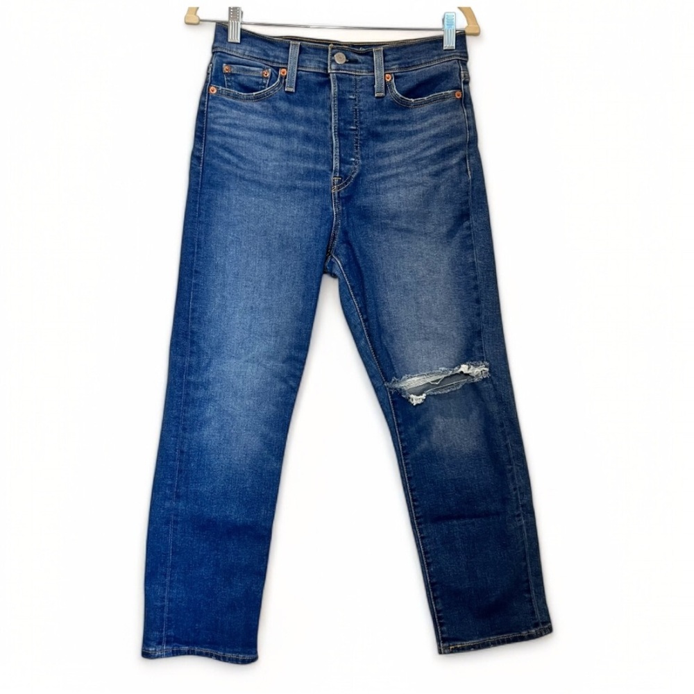 Levi's Wedgie Straight Jeans Womens W28 L26 Mid Wash Ripped High Rise Stretch